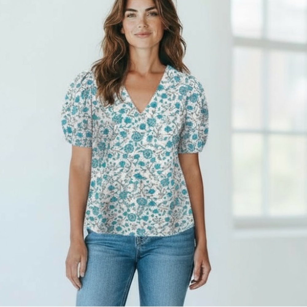 Draper James Women's XL V-Neck Puff Sleeve Blouse Top Blue Floral‎ NWT 9268